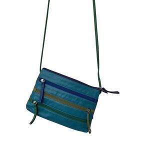 VTG 90s ILI New York RFID Leather Crossbody Color block Blue Wallet Purse Travel